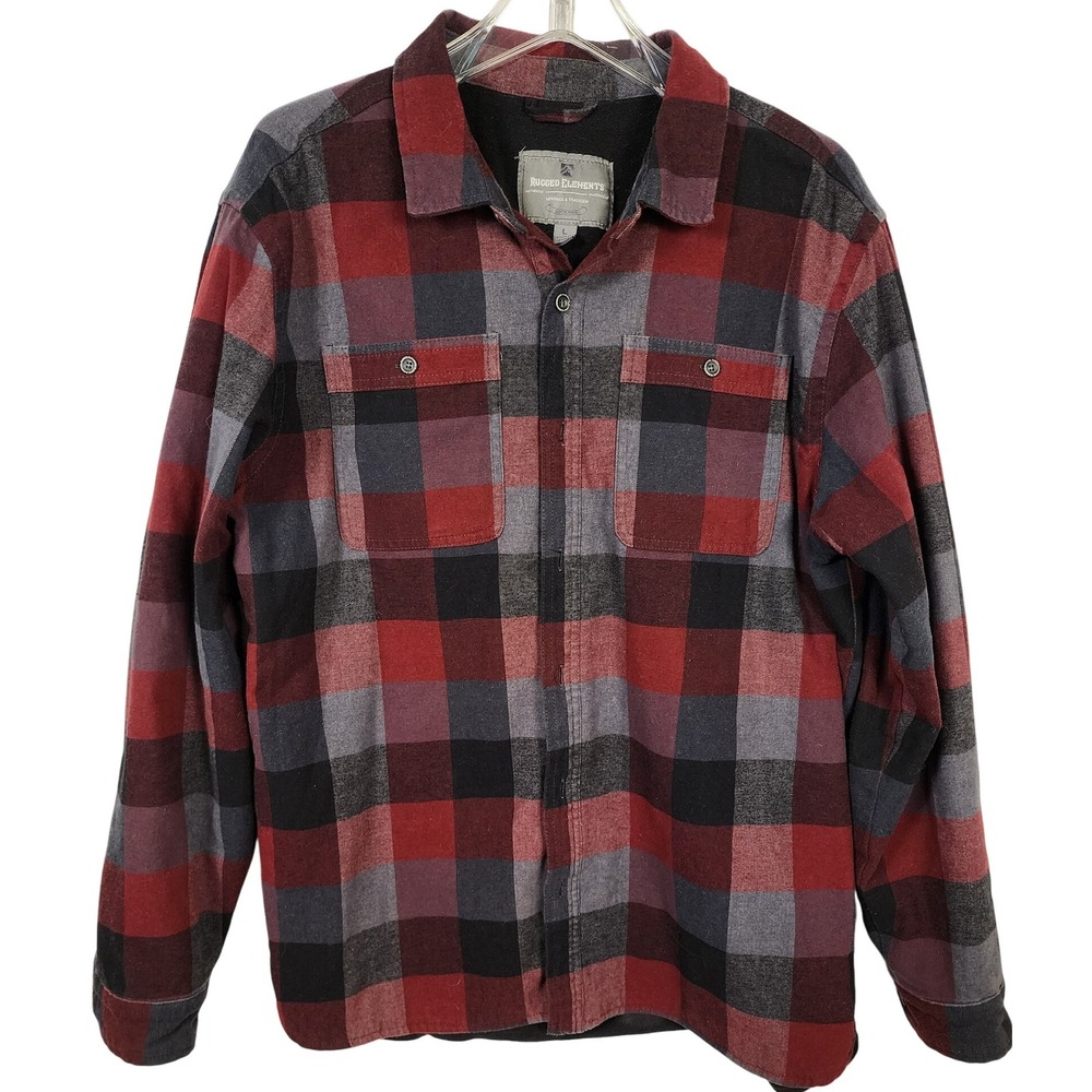 Rugged Elements Mens Flannel Shirt‎ Jacket Size L Red Gray Black Plaid Shacket
